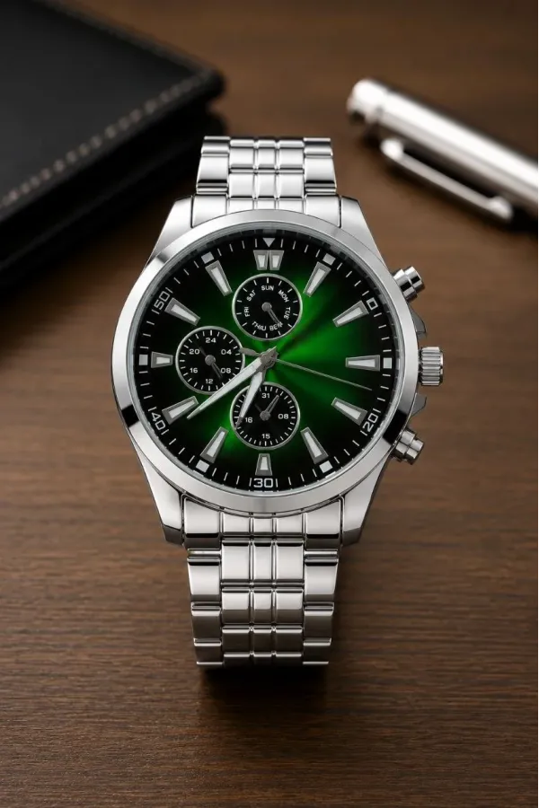 Erkek Gümüş Renk Metal Kordon Analog Kol Saati Takvim Göstergeli Yeşil Siyah Kadran - Gümüş