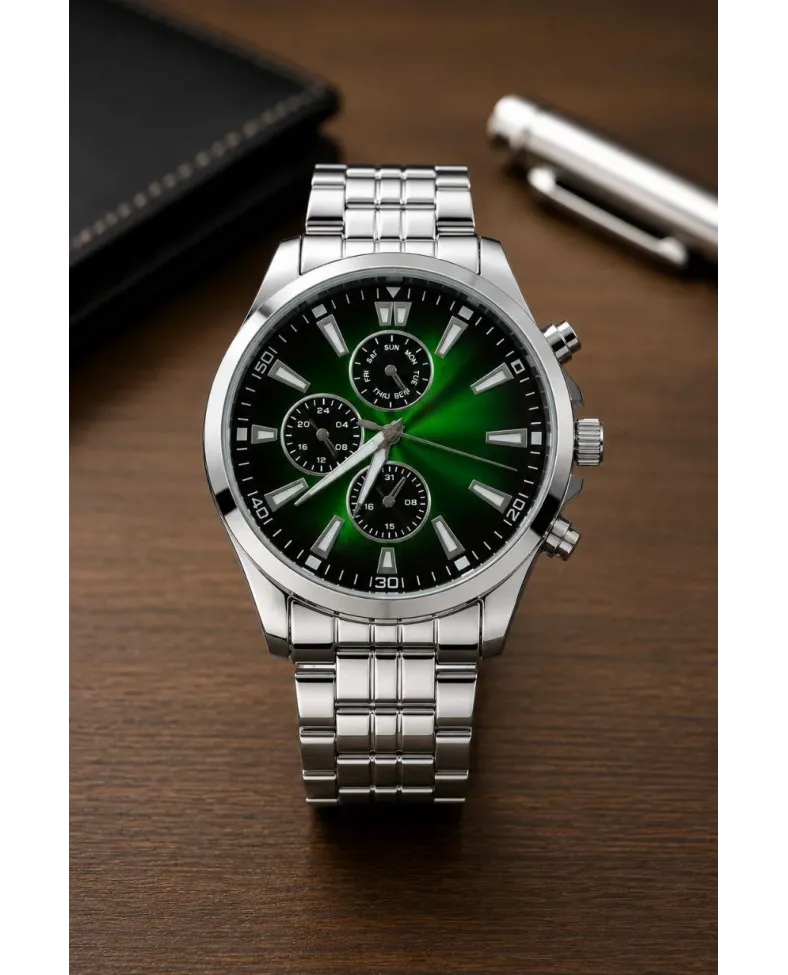 Erkek Gümüş Renk Metal Kordon Analog Kol Saati Takvim Göstergeli Yeşil Siyah Kadran - Gümüş