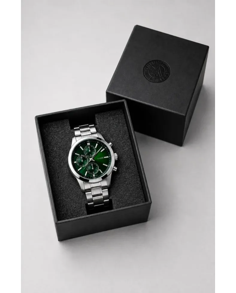 Erkek Gümüş Renk Metal Kordon Analog Kol Saati Takvim Göstergeli Yeşil Siyah Kadran - Gümüş