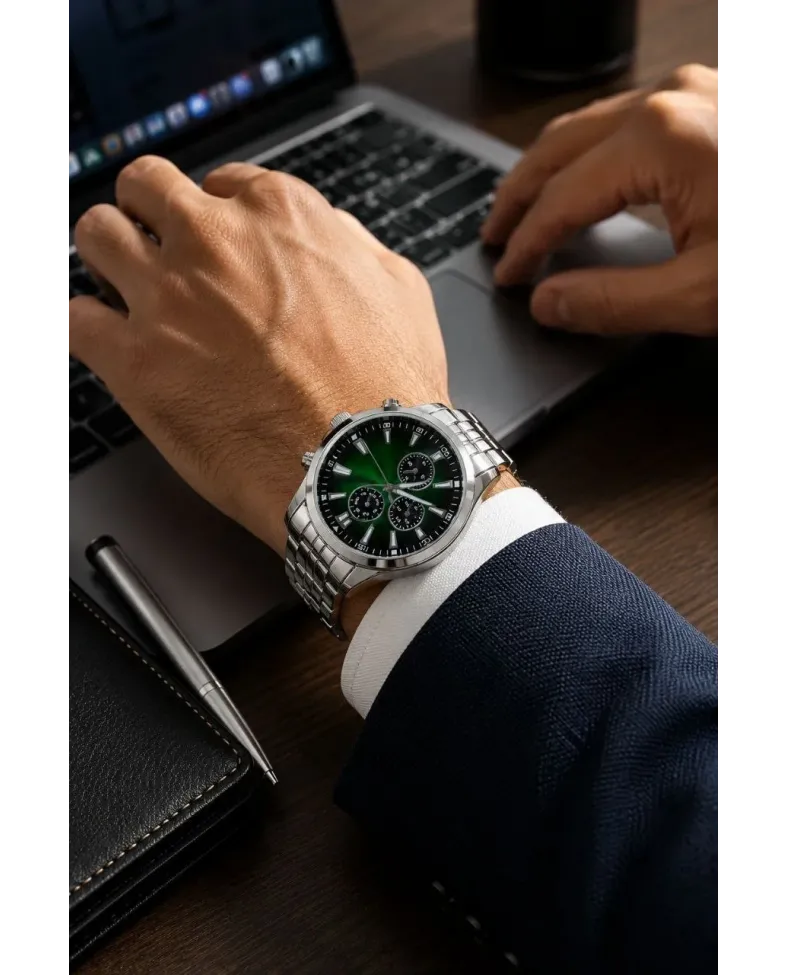 Erkek Gümüş Renk Metal Kordon Analog Kol Saati Takvim Göstergeli Yeşil Siyah Kadran - Gümüş
