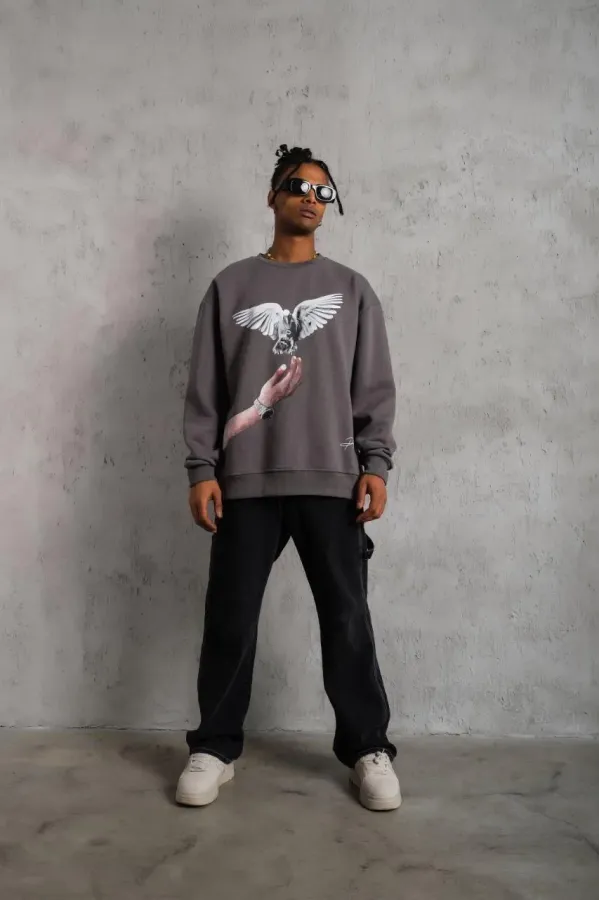 Erkek Güvercin Baskılı Sweatshirt - Gri