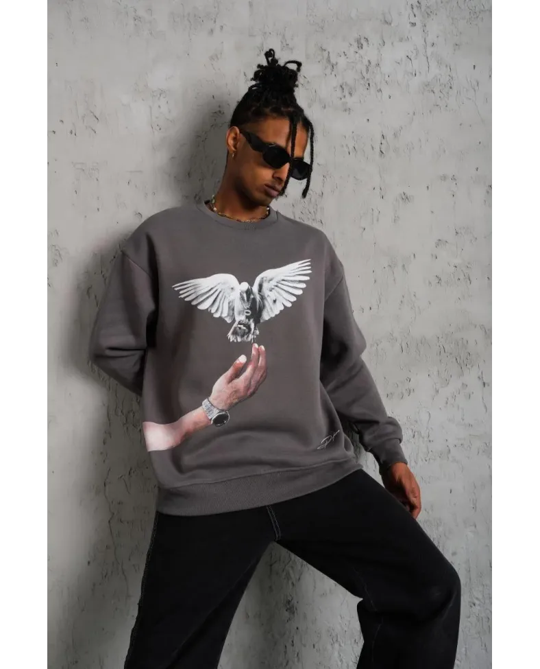 Erkek Güvercin Baskılı Sweatshirt - Gri