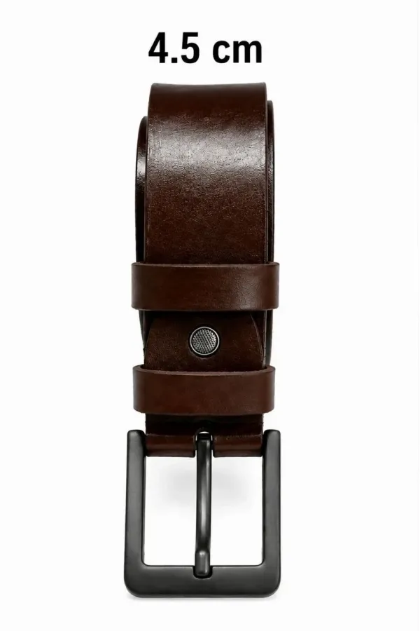 Erkek Hakiki Deri 4.5 cm Kot ve Kumaş Pantolon Kemeri Metal Tokalı Kahverengi