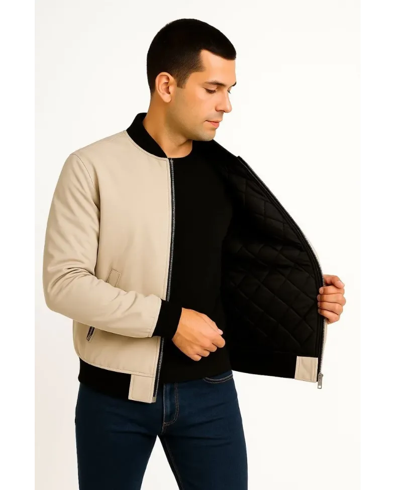 Erkek Bomber Mont Ceket Fermuarlı Kapitone İçi Astarlı Su İtici Regular Fit Uzun - Bej