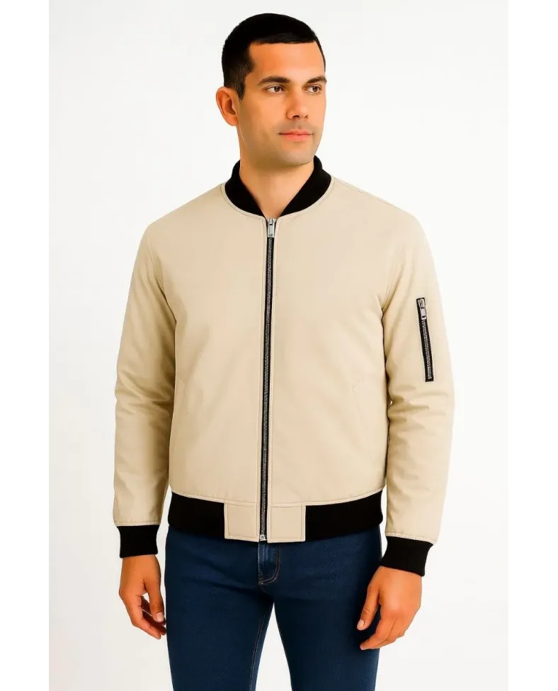 Erkek Bomber Mont Ceket Fermuarlı Kapitone İçi Astarlı Su İtici Regular Fit Uzun - Bej
