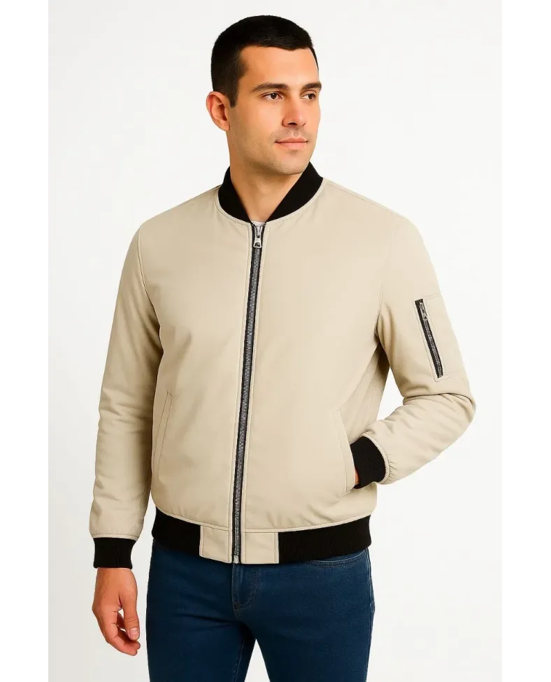 Erkek Bomber Mont Ceket Fermuarlı Kapitone İçi Astarlı Su İtici Regular Fit Uzun - Bej