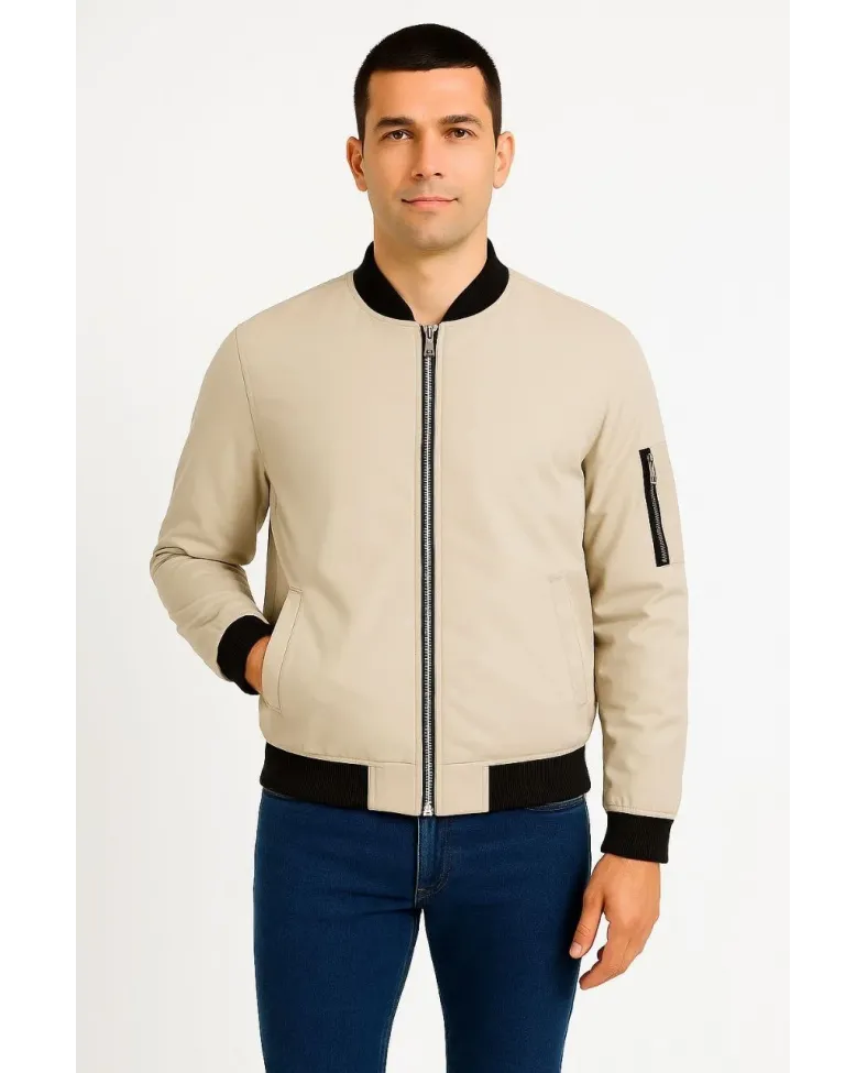 Erkek Bomber Mont Ceket Fermuarlı Kapitone İçi Astarlı Su İtici Regular Fit Uzun - Bej