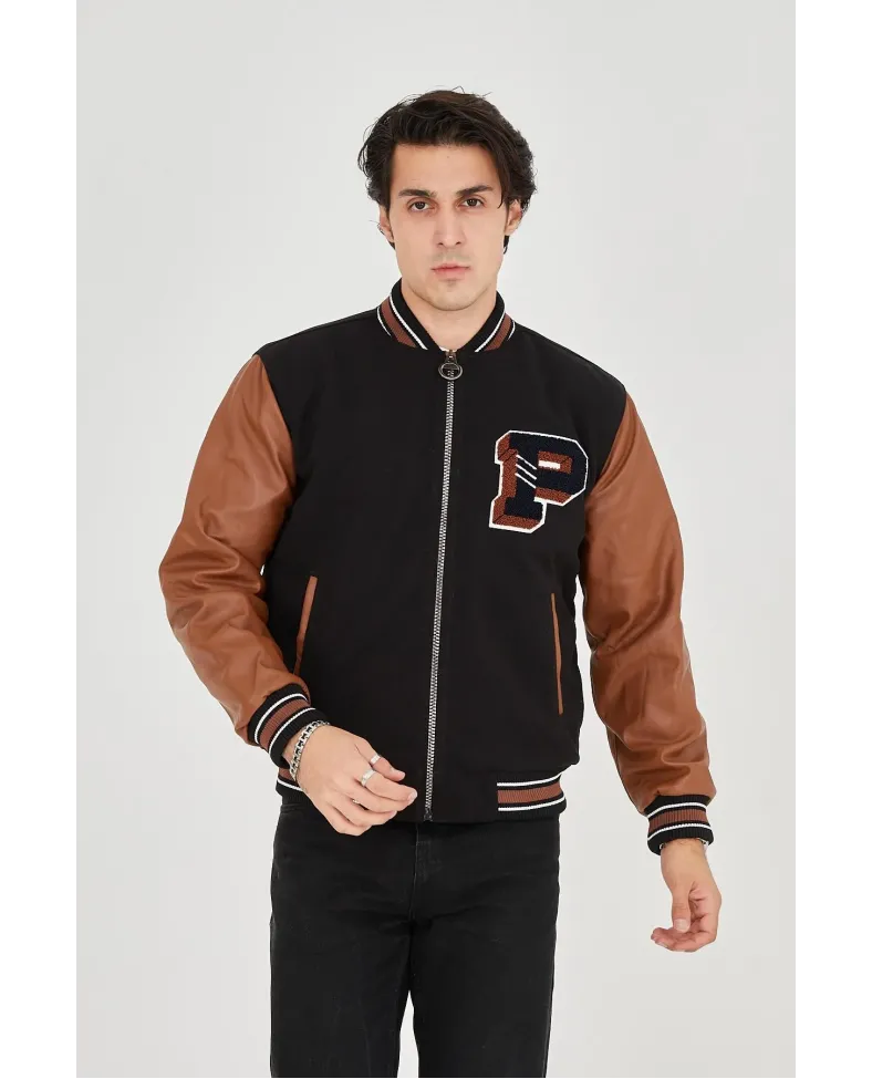 Erkek İçten Elyaf ve Astarlı Kolları Suni Deri Ceket - Kahverengi