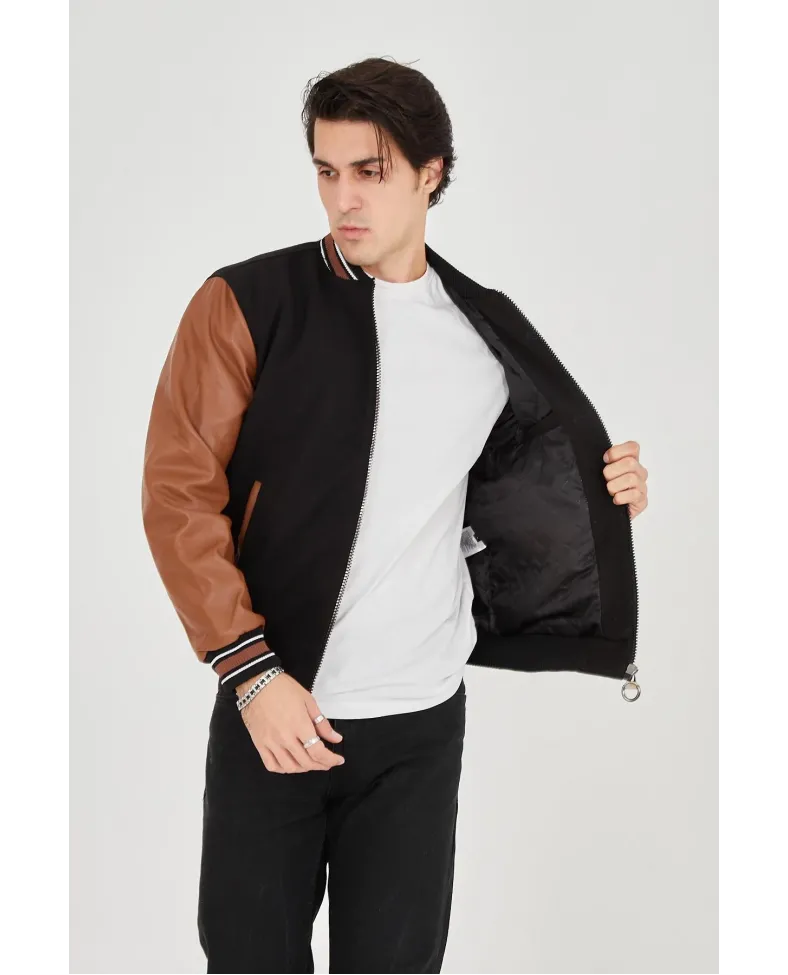 Erkek İçten Elyaf ve Astarlı Kolları Suni Deri Ceket - Kahverengi