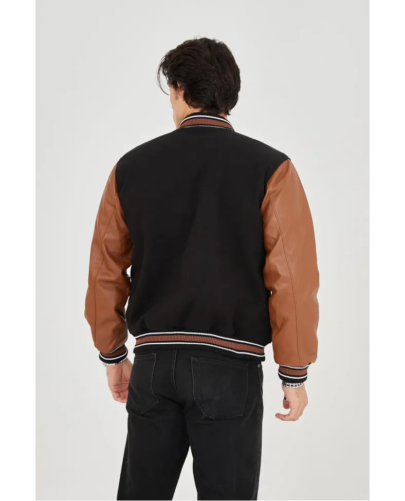 Erkek İçten Elyaf ve Astarlı Kolları Suni Deri Ceket - Kahverengi