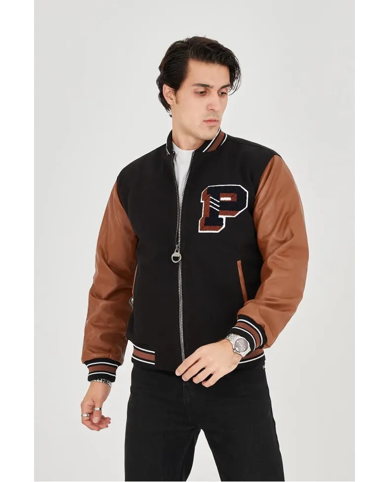 Erkek İçten Elyaf ve Astarlı Kolları Suni Deri Ceket - Kahverengi