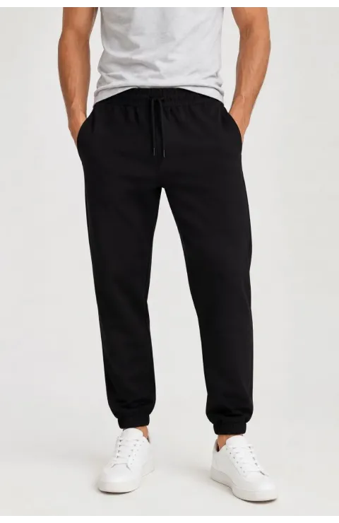 Erkek İki İplik Beli Lastikli Bağcıklı Regular Fit Jogger Eşofman Altı - Siyah