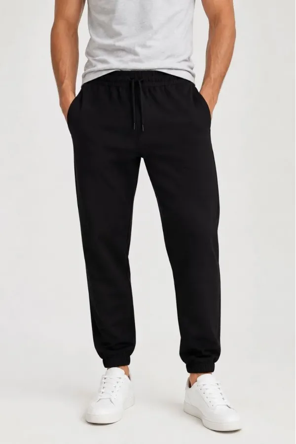 Erkek İki İplik Beli Lastikli Bağcıklı Regular Fit Jogger Eşofman Altı - Siyah