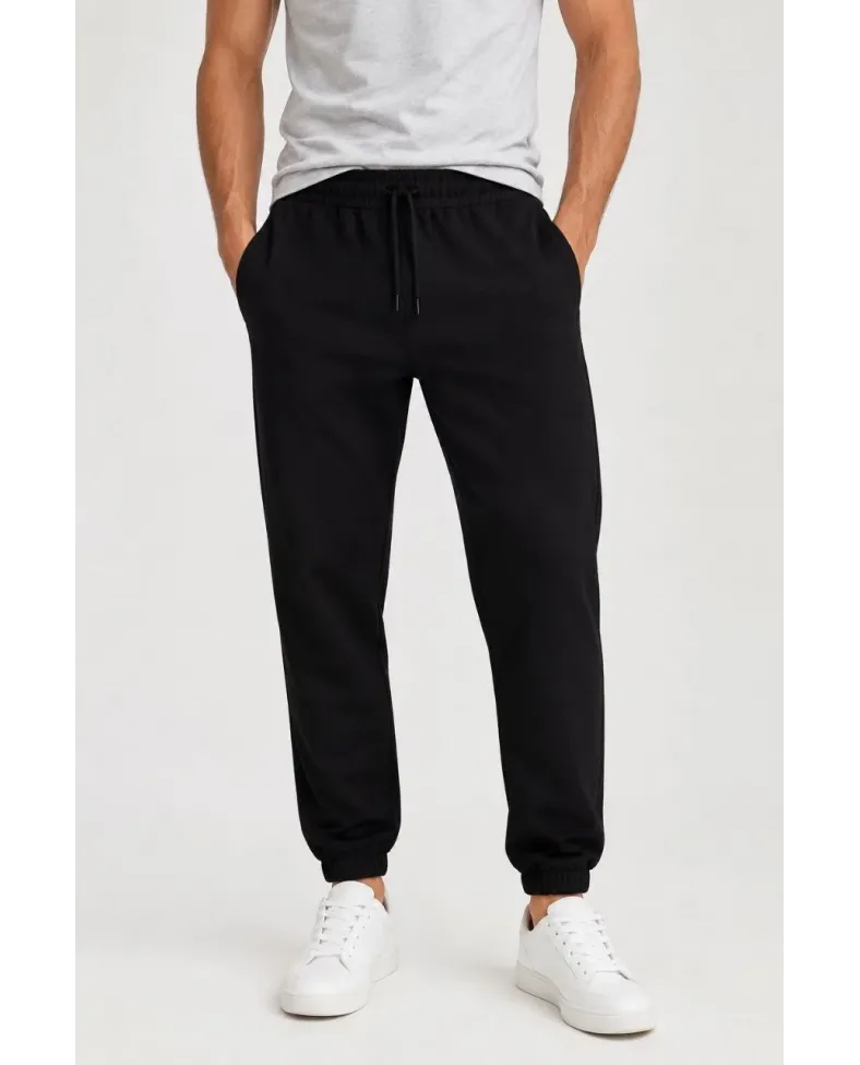 Erkek İki İplik Beli Lastikli Bağcıklı Regular Fit Jogger Eşofman Altı - Siyah
