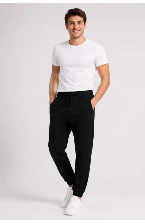 Erkek İki İplik Beli Lastikli Bağcıklı Regular Fit Jogger Eşofman Altı - Siyah