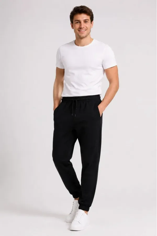 Erkek İki İplik Beli Lastikli Bağcıklı Regular Fit Jogger Eşofman Altı - Siyah