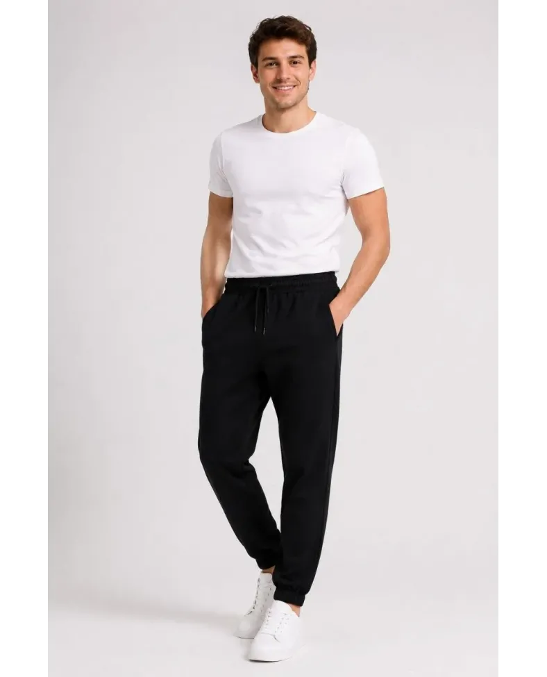 Erkek İki İplik Beli Lastikli Bağcıklı Regular Fit Jogger Eşofman Altı - Siyah