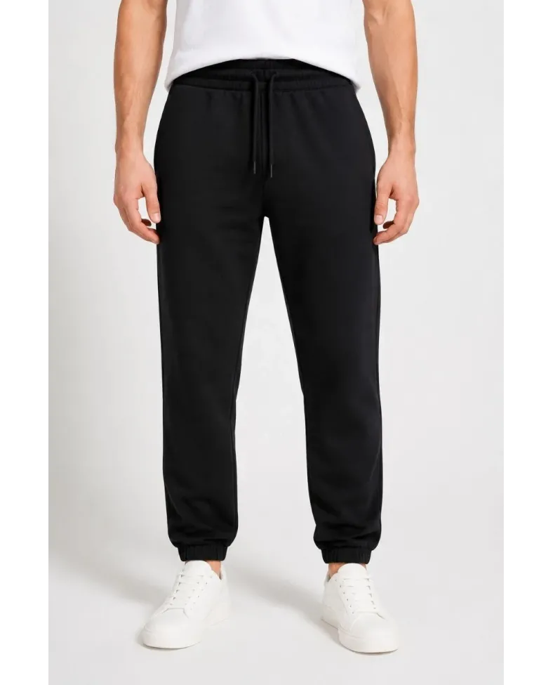 Erkek İki İplik Beli Lastikli Bağcıklı Regular Fit Jogger Eşofman Altı - Siyah
