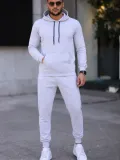 Erkek İki İplik Kapüşonlu Kanguru Cepli Sweatshirt Jogger Pantolon Alt Üst Eşofman Takımı -Beyaz