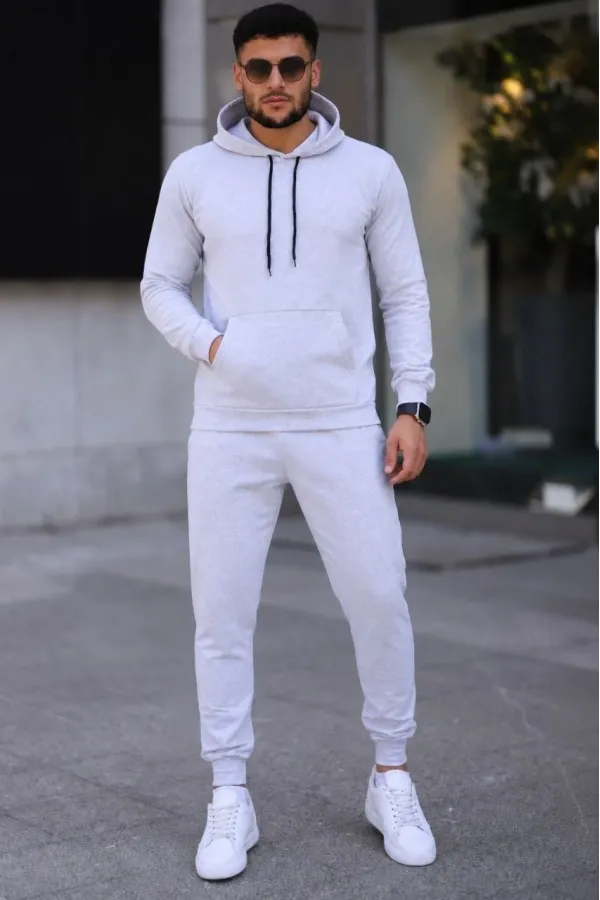 Erkek İki İplik Kapüşonlu Kanguru Cepli Sweatshirt Jogger Pantolon Alt Üst Eşofman Takımı -Beyaz