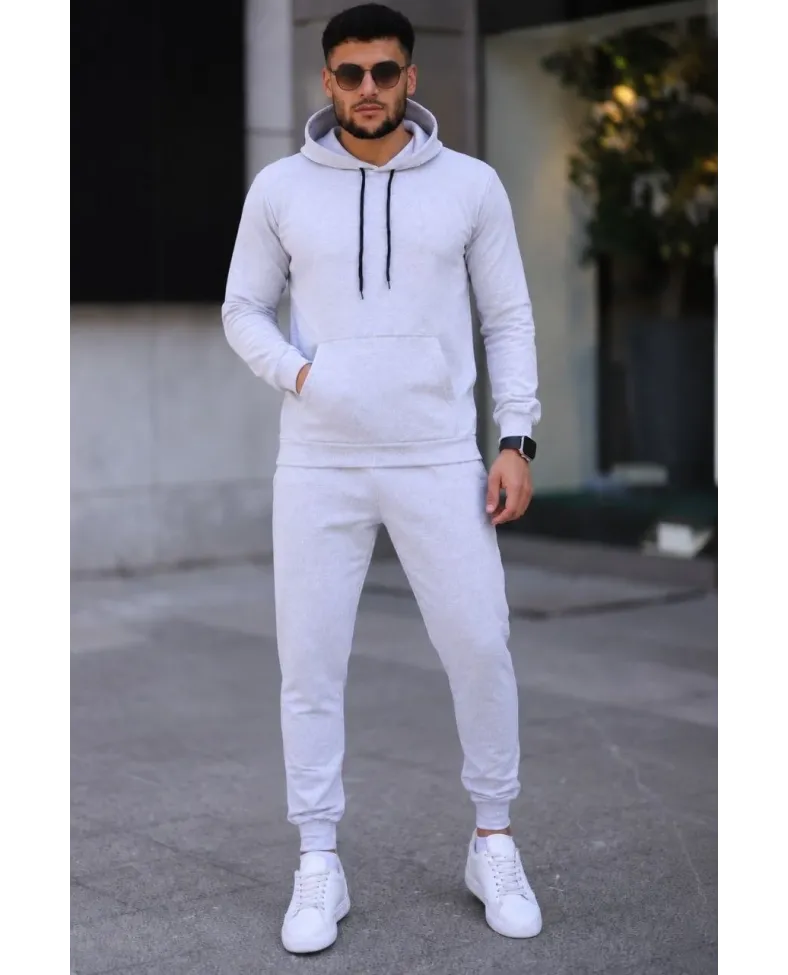 Erkek İki İplik Kapüşonlu Kanguru Cepli Sweatshirt Jogger Pantolon Alt Üst Eşofman Takımı -Beyaz