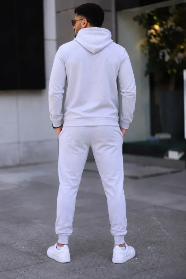 Erkek İki İplik Kapüşonlu Kanguru Cepli Sweatshirt Jogger Pantolon Alt Üst Eşofman Takımı -Beyaz