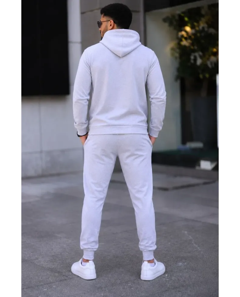 Erkek İki İplik Kapüşonlu Kanguru Cepli Sweatshirt Jogger Pantolon Alt Üst Eşofman Takımı -Beyaz