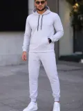 Erkek İki İplik Kapüşonlu Kanguru Cepli Sweatshirt Jogger Pantolon Alt Üst Eşofman Takımı -Beyaz