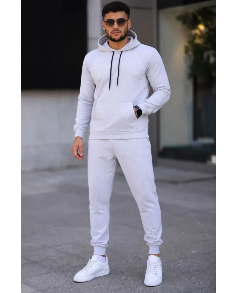 Erkek İki İplik Kapüşonlu Kanguru Cepli Sweatshirt Jogger Pantolon Alt Üst Eşofman Takımı -Beyaz