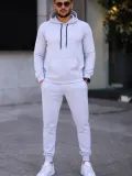 Erkek İki İplik Kapüşonlu Kanguru Cepli Sweatshirt Jogger Pantolon Alt Üst Eşofman Takımı -Beyaz
