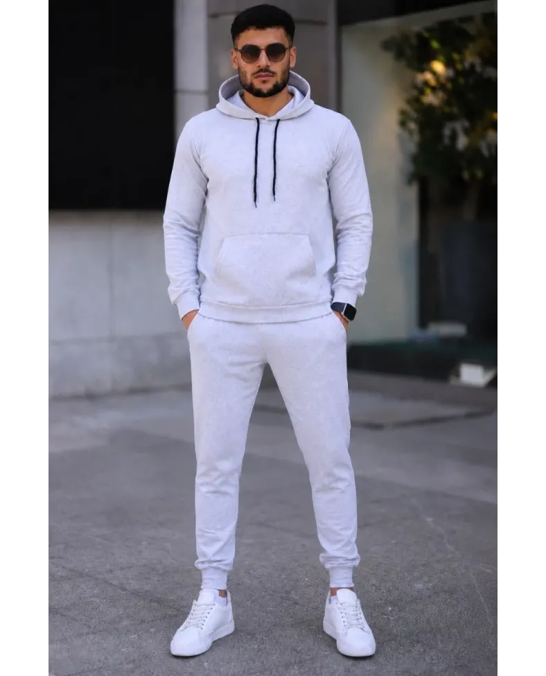 Erkek İki İplik Kapüşonlu Kanguru Cepli Sweatshirt Jogger Pantolon Alt Üst Eşofman Takımı -Beyaz