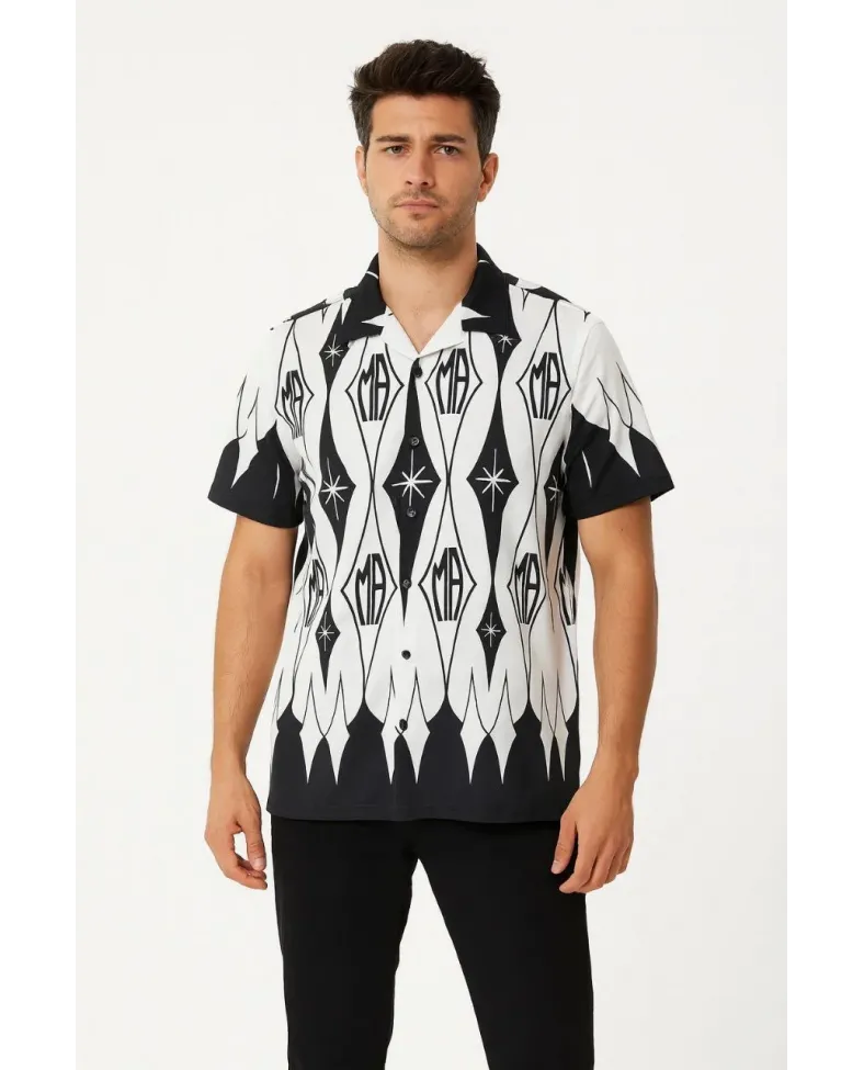 Erkek İki İplik Kumaş Dijital Baskılı Gömlek - Siyah