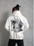 Erkek Kanguru Cep Baskılı Kapüşonlu Sweatshirt - Beyaz