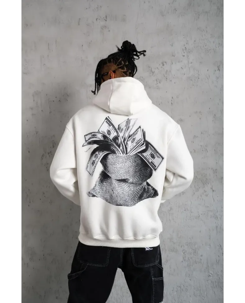 Erkek Kanguru Cep Baskılı Kapüşonlu Sweatshirt - Beyaz