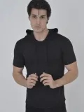 Erkek Kapşonlu Slim Fit T-shirt - Siyah