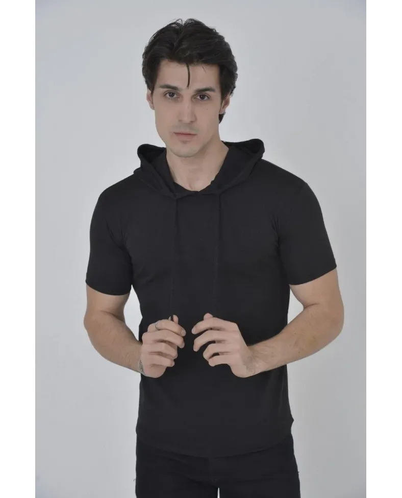 Erkek Kapşonlu Slim Fit T-shirt - Siyah