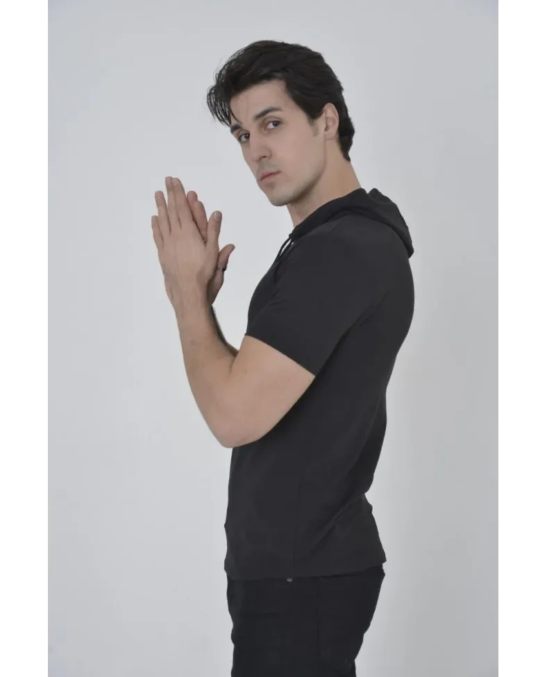 Erkek Kapşonlu Slim Fit T-shirt - Siyah