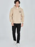 Erkek Kapüşonlu Baskılı Fermuarlı Hırka - Bej