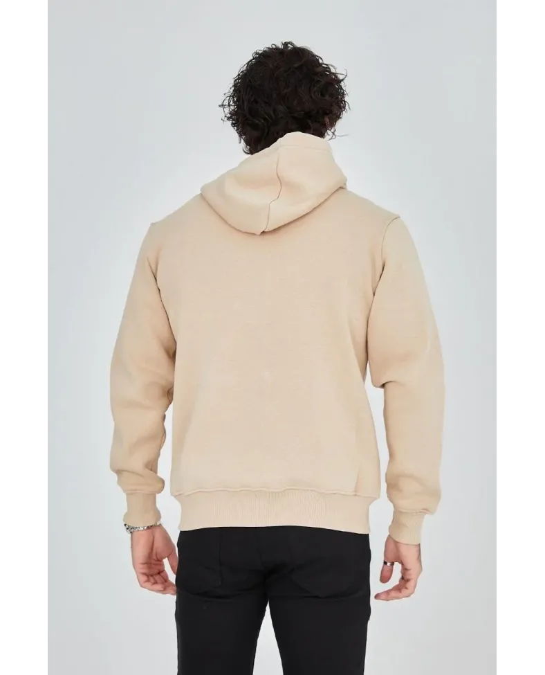 Erkek Kapüşonlu Baskılı Fermuarlı Hırka - Bej