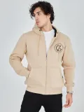 Erkek Kapüşonlu Baskılı Fermuarlı Hırka - Bej