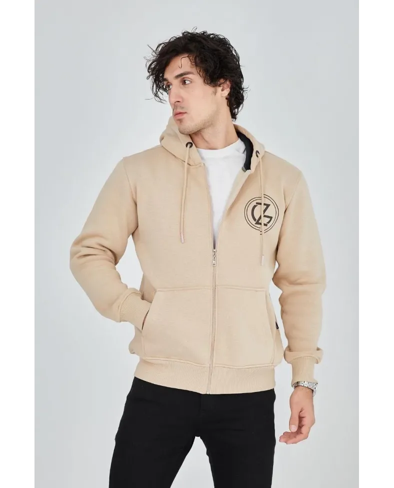 Erkek Kapüşonlu Baskılı Fermuarlı Hırka - Bej