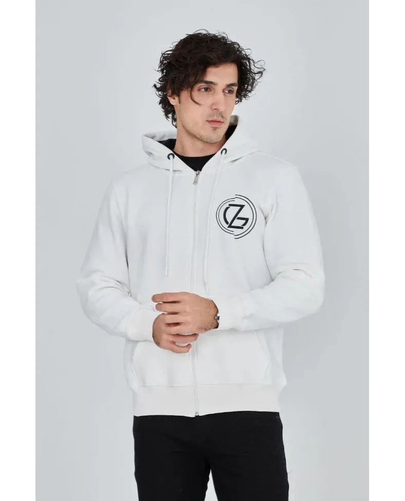 Erkek 3 İplik Pamuklu Fermuarlı Kapüşonlu Kanguru Cepli Baskılı Hoodie Hırka Sweatshirt - Beyaz Somersan Giyim | Kadın, Erkek ve Çocuk Moda