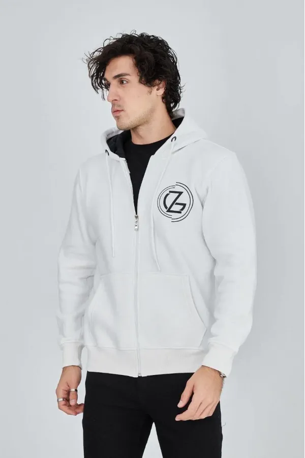 Erkek 3 İplik Pamuklu Fermuarlı Kapüşonlu Kanguru Cepli Baskılı Hoodie Hırka Sweatshirt - Beyaz