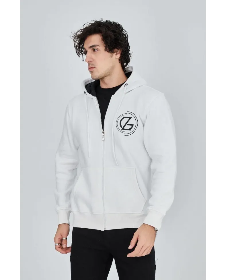 Erkek 3 İplik Pamuklu Fermuarlı Kapüşonlu Kanguru Cepli Baskılı Hoodie Hırka Sweatshirt - Beyaz Somersan Giyim | Kadın, Erkek ve Çocuk Moda