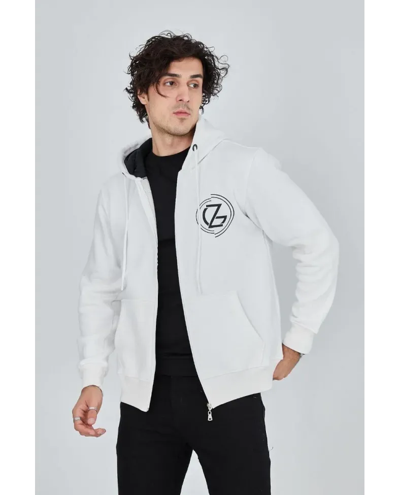 Erkek 3 İplik Pamuklu Fermuarlı Kapüşonlu Kanguru Cepli Baskılı Hoodie Hırka Sweatshirt - Beyaz Somersan Giyim | Kadın, Erkek ve Çocuk Moda