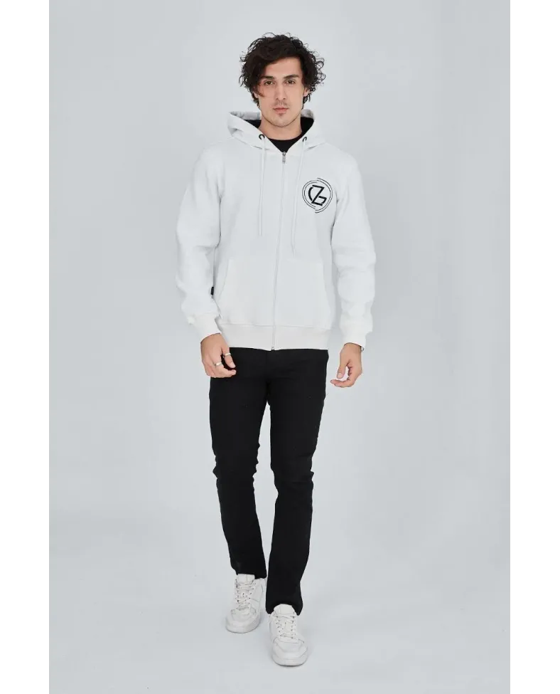 Erkek 3 İplik Pamuklu Fermuarlı Kapüşonlu Kanguru Cepli Baskılı Hoodie Hırka Sweatshirt - Beyaz Somersan Giyim | Kadın, Erkek ve Çocuk Moda