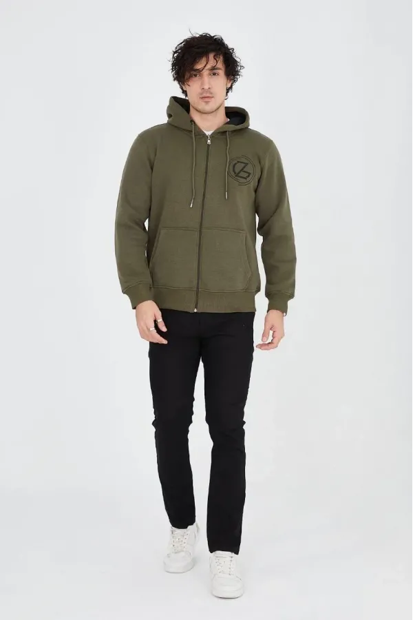 Erkek 3 İplik Pamuklu Fermuarlı Kapüşonlu Kanguru Cepli Baskılı Hoodie Hırka Sweatshirt - Yeşil