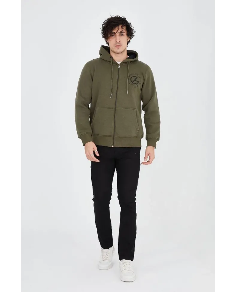 Erkek 3 İplik Pamuklu Fermuarlı Kapüşonlu Kanguru Cepli Baskılı Hoodie Hırka Sweatshirt - Yeşil