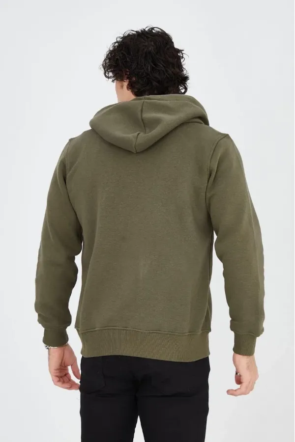 Erkek 3 İplik Pamuklu Fermuarlı Kapüşonlu Kanguru Cepli Baskılı Hoodie Hırka Sweatshirt - Yeşil