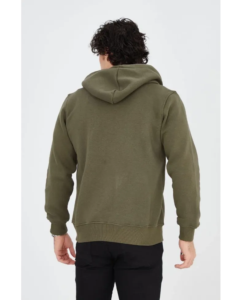 Erkek 3 İplik Pamuklu Fermuarlı Kapüşonlu Kanguru Cepli Baskılı Hoodie Hırka Sweatshirt - Yeşil